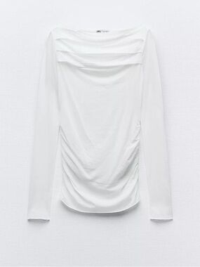White Long-Sleeve Draped Boatneck Top with Side Ruching